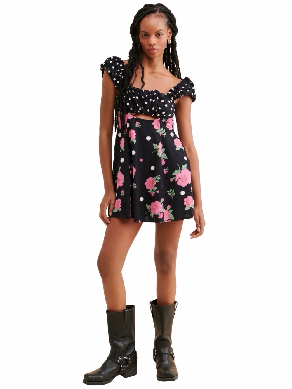 Free People Black Mini Bom Bom Dress with Pink Rose Print and White Polka Dots